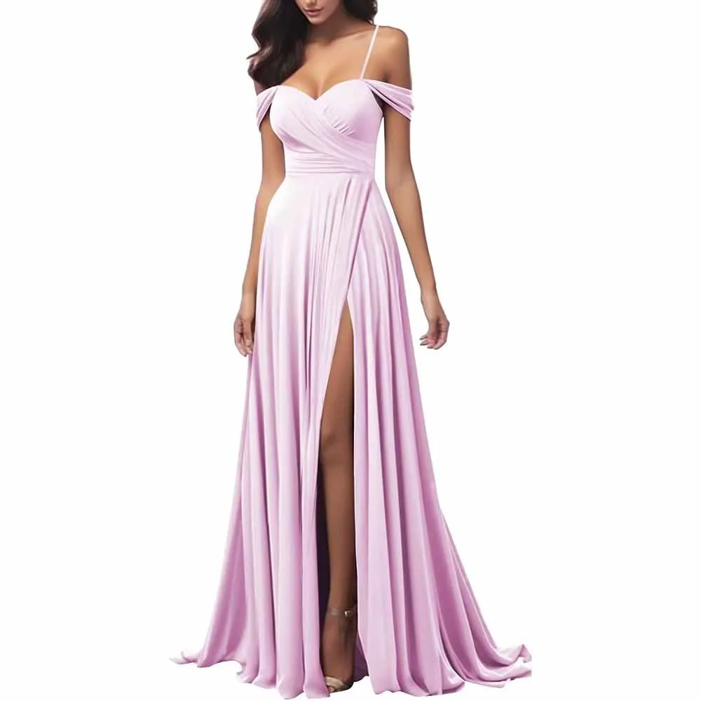 Off The Shoulder Bridesmaid Dresses Women Long Satin Formal Dresses Spaghetti Straps Evening Gown
