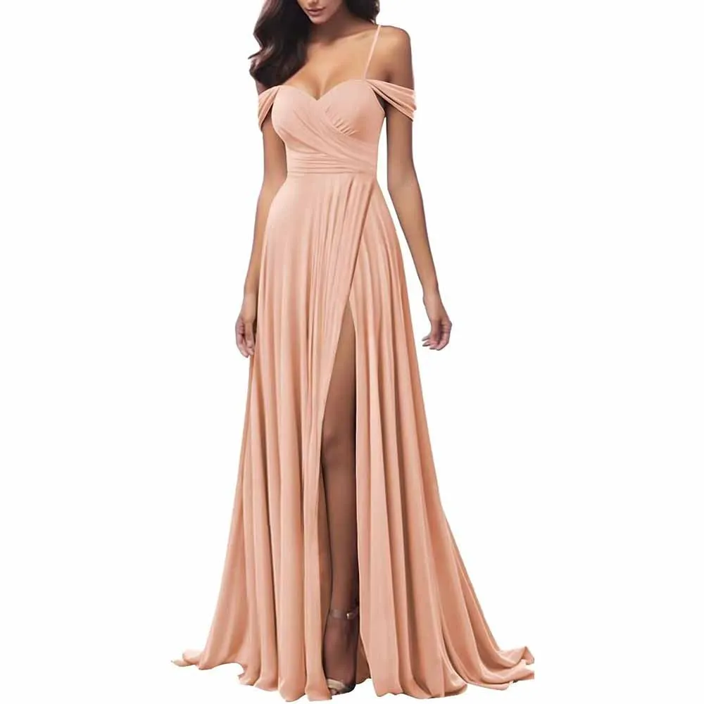 Off The Shoulder Bridesmaid Dresses Women Long Satin Formal Dresses Spaghetti Straps Evening Gown