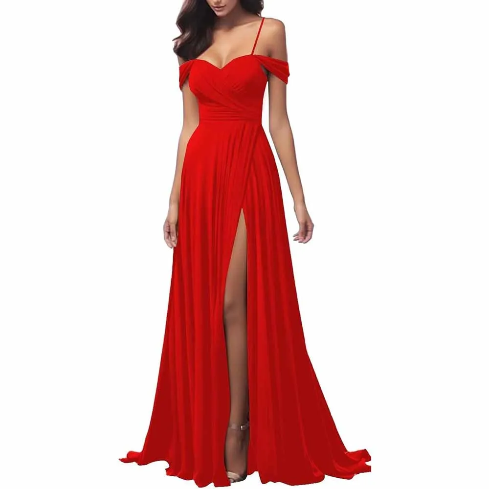 Off The Shoulder Bridesmaid Dresses Women Long Satin Formal Dresses Spaghetti Straps Evening Gown