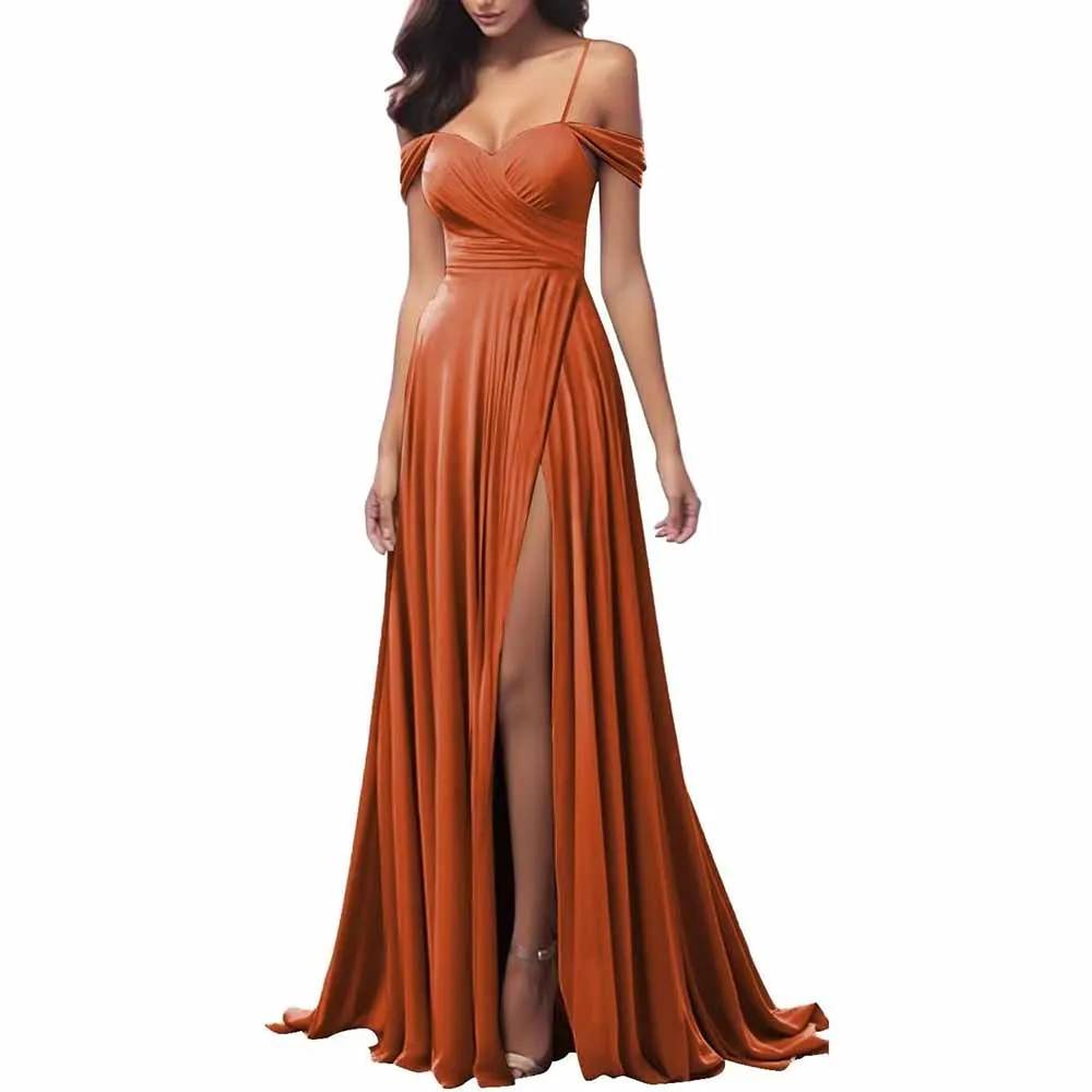 Off The Shoulder Bridesmaid Dresses Women Long Satin Formal Dresses Spaghetti Straps Evening Gown