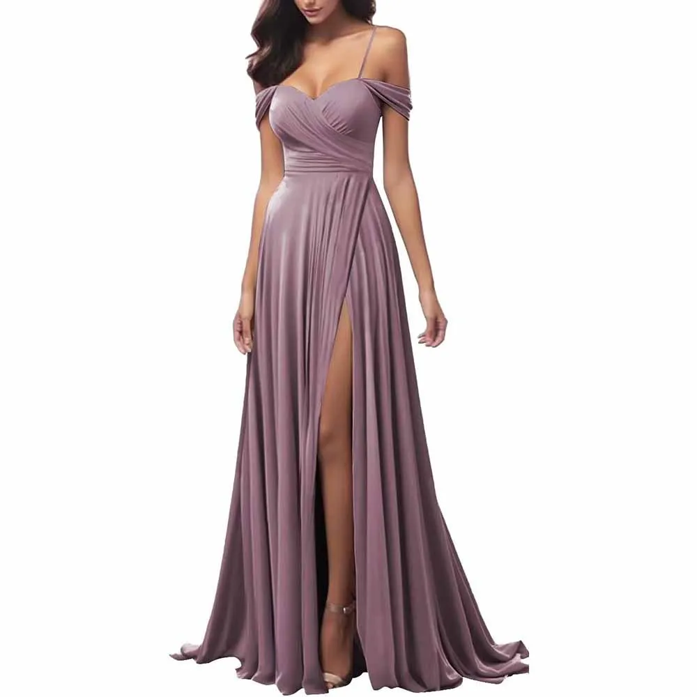 Off The Shoulder Bridesmaid Dresses Women Long Satin Formal Dresses Spaghetti Straps Evening Gown