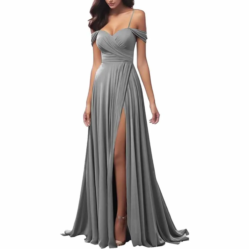 Off The Shoulder Bridesmaid Dresses Women Long Satin Formal Dresses Spaghetti Straps Evening Gown