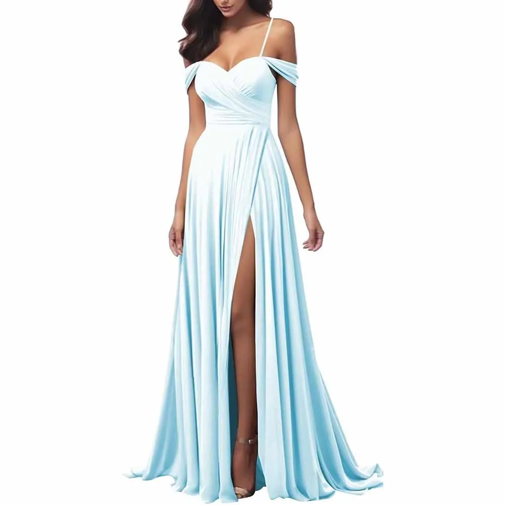 Off The Shoulder Bridesmaid Dresses Women Long Satin Formal Dresses Spaghetti Straps Evening Gown
