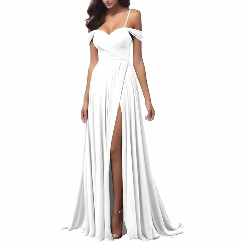Off The Shoulder Bridesmaid Dresses Women Long Satin Formal Dresses Spaghetti Straps Evening Gown