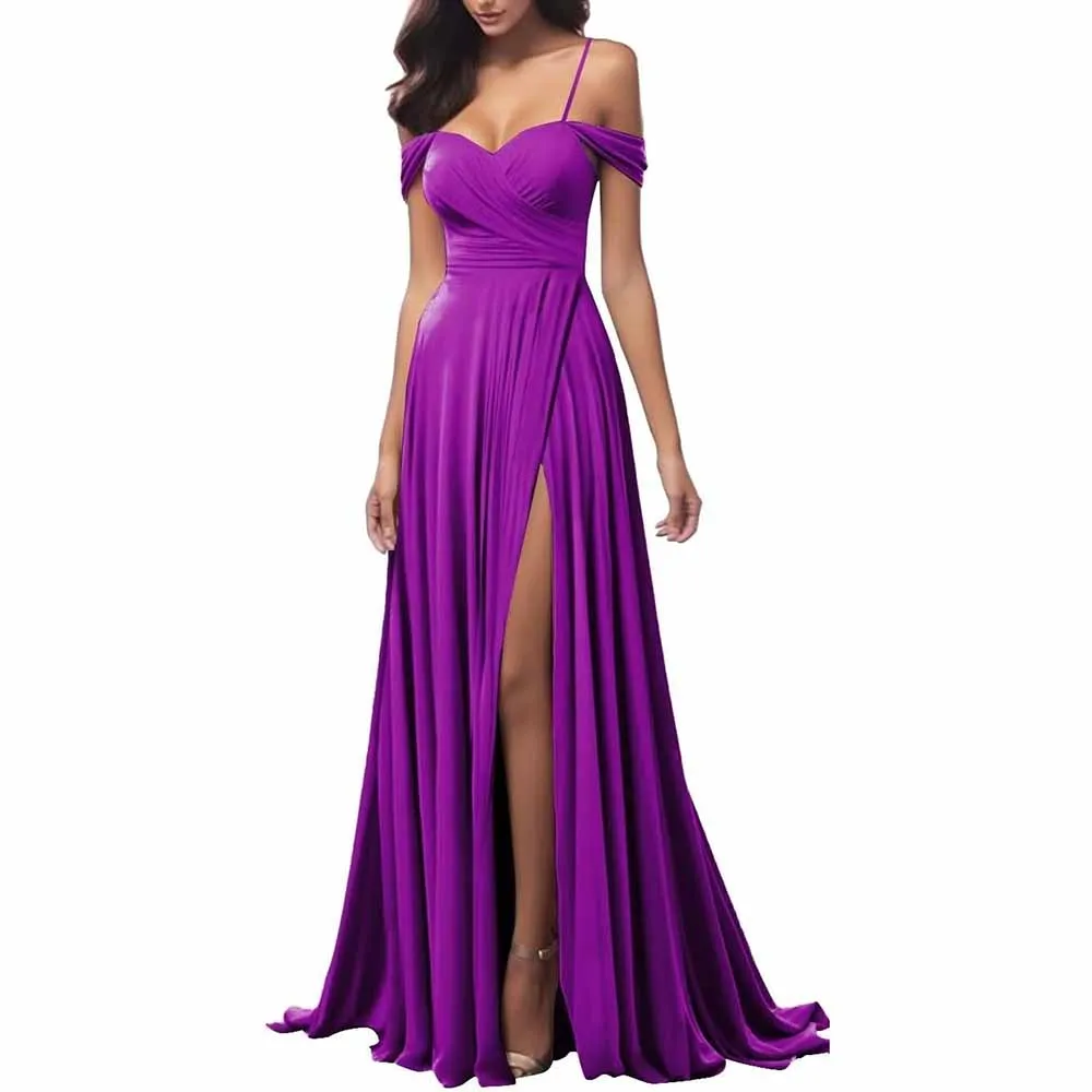 Off The Shoulder Bridesmaid Dresses Women Long Satin Formal Dresses Spaghetti Straps Evening Gown
