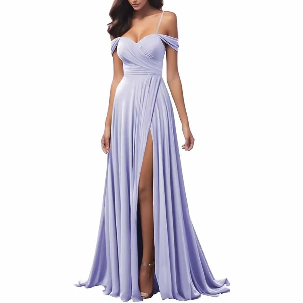 Off The Shoulder Bridesmaid Dresses Women Long Satin Formal Dresses Spaghetti Straps Evening Gown