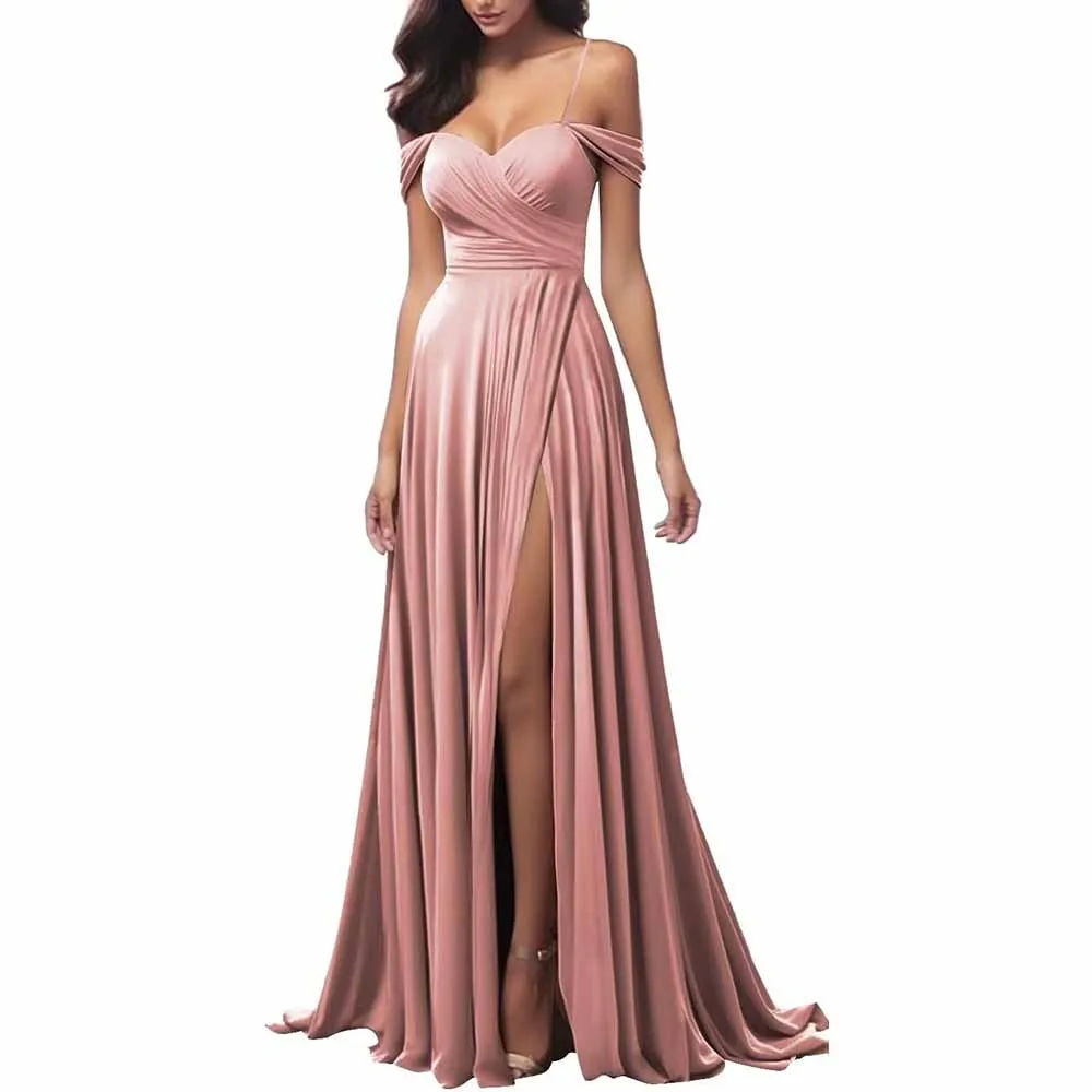 Off The Shoulder Bridesmaid Dresses Women Long Satin Formal Dresses Spaghetti Straps Evening Gown