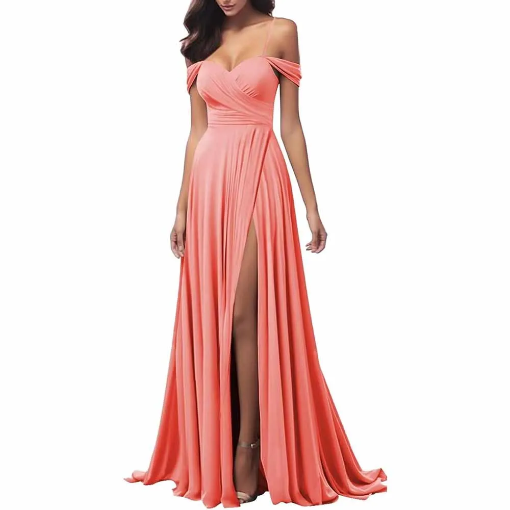 Off The Shoulder Bridesmaid Dresses Women Long Satin Formal Dresses Spaghetti Straps Evening Gown