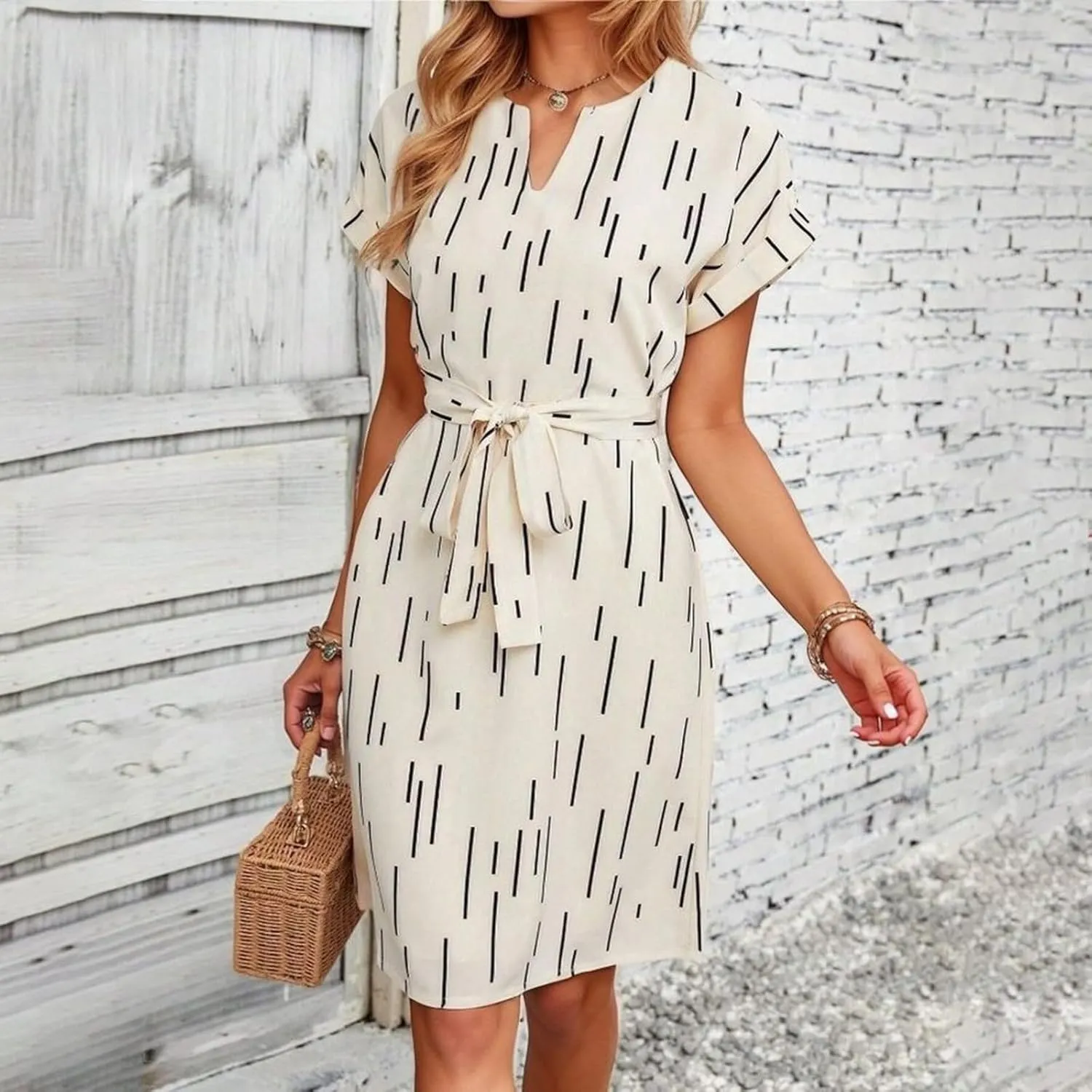 Office Dress for Women Summer with Tie Waist V Neck Short Sleeve T Shirt Dress Loose Fit Basic Flowy Breathable Sundress