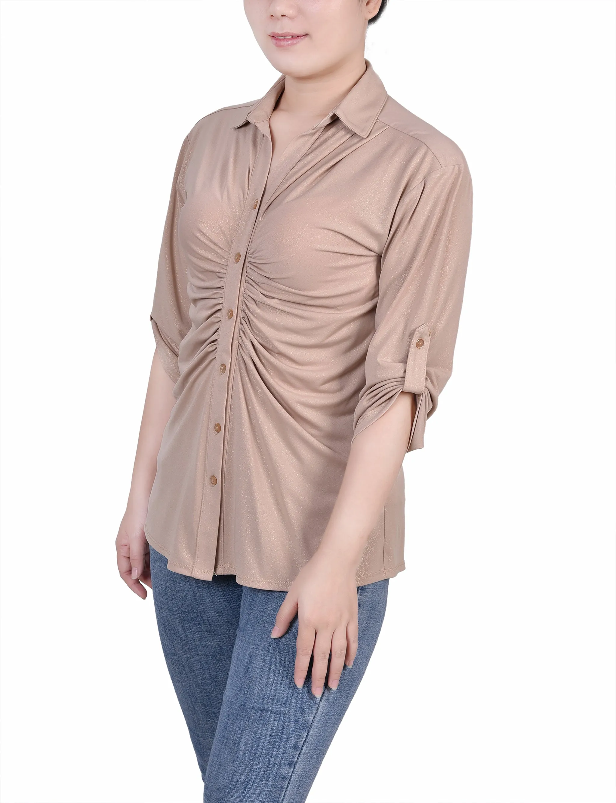 Petite 3/4 Roll Tab Rouched-Front Top