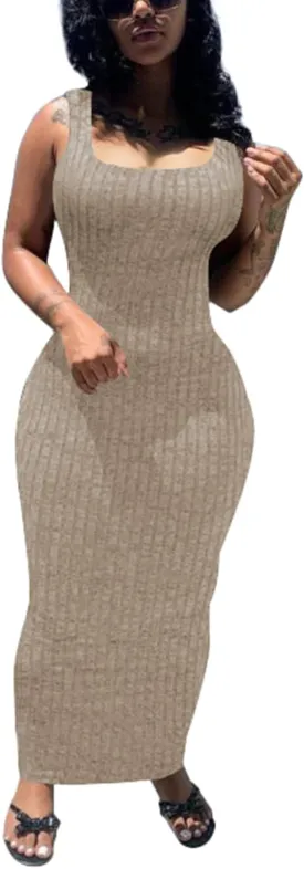 PINSV Women's Bodycon Maxi Dress Stretchy Sleeveless Tank Dress Summer Long Ribbed Casual Beach Party Dress