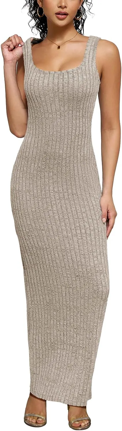 PINSV Women's Bodycon Maxi Dress Stretchy Sleeveless Tank Dress Summer Long Ribbed Casual Beach Party Dress
