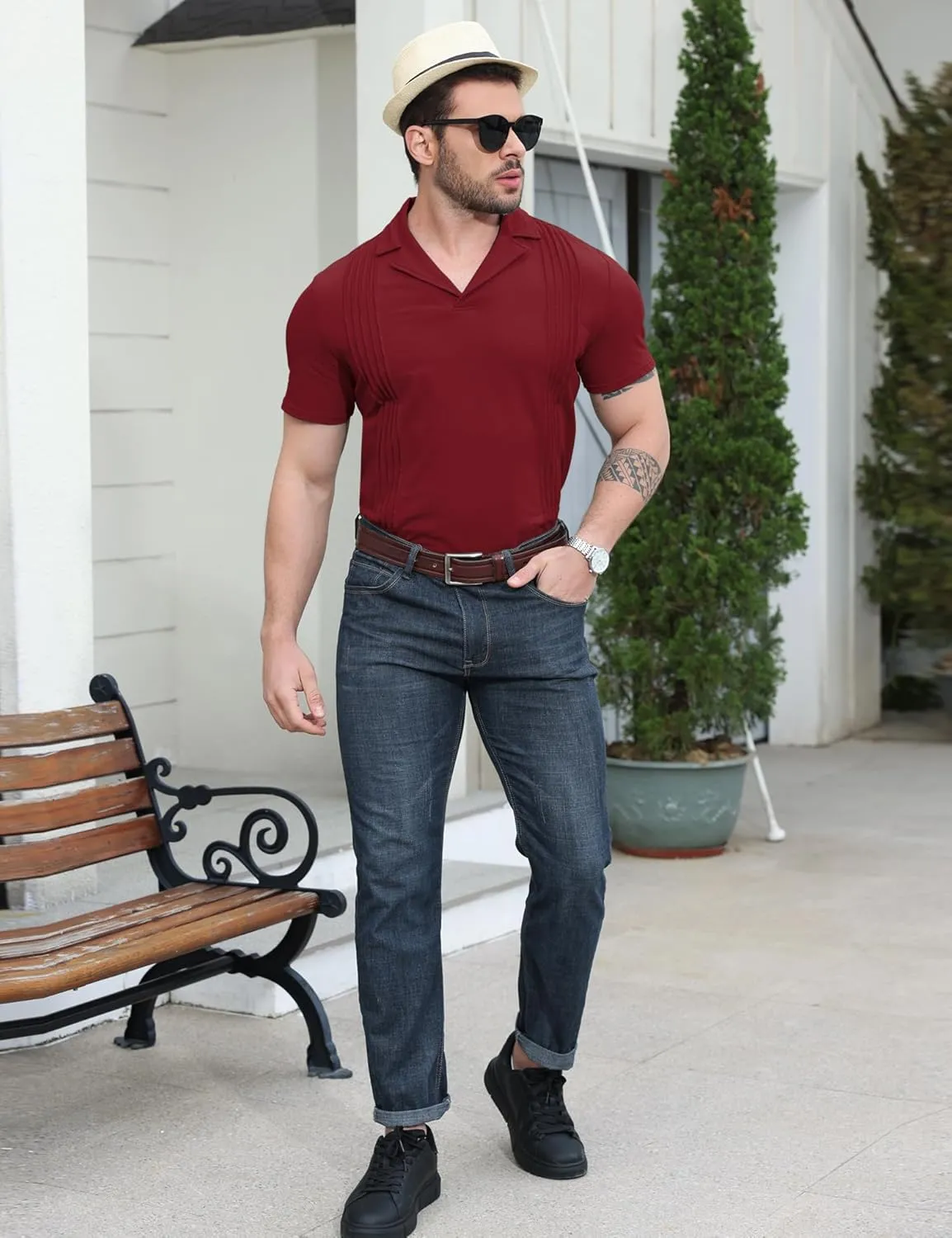 Poriff Men's Polo Shirts Short Sleeve Cuban Guayabera Shirt Casua V Neck Collared Shirt