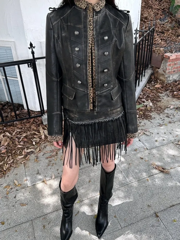 Punk Rivet Fringe Slit Leather Mini Skirt【s0000004170】