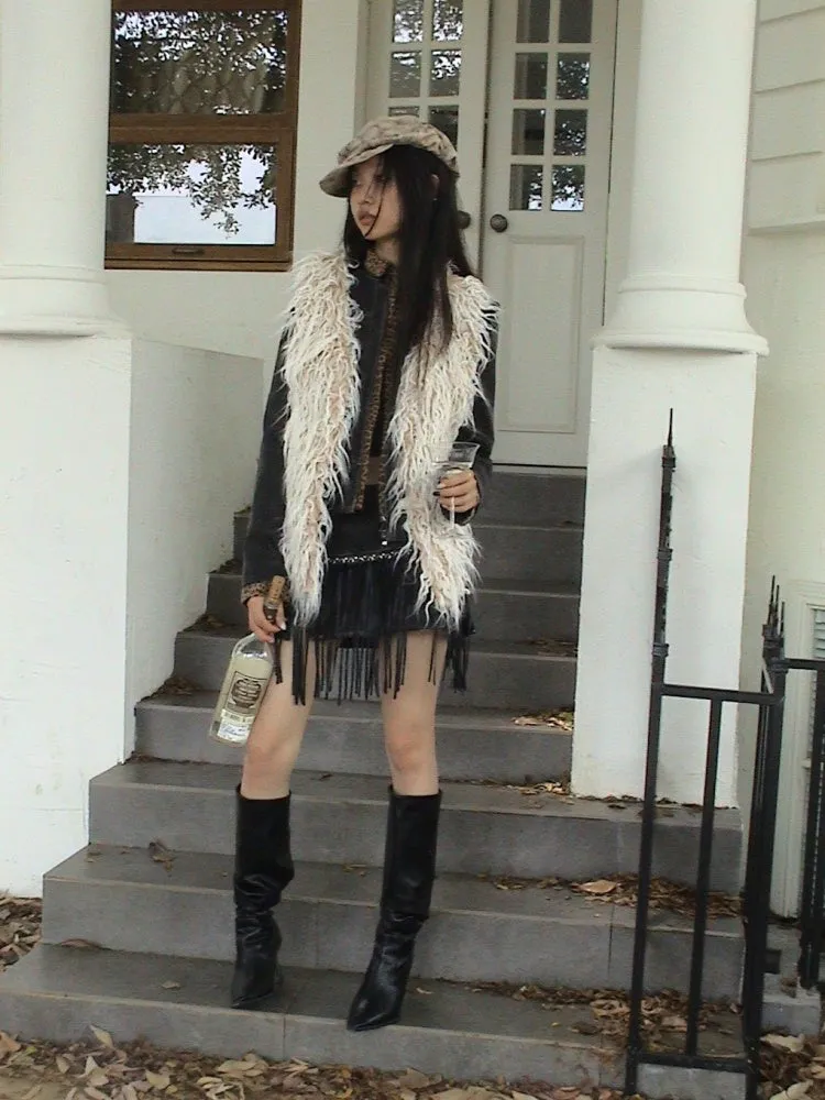 Punk Rivet Fringe Slit Leather Mini Skirt【s0000004170】