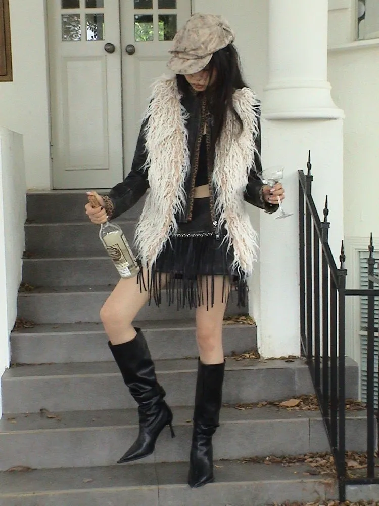 Punk Rivet Fringe Slit Leather Mini Skirt【s0000004170】