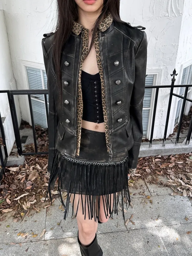 Punk Rivet Fringe Slit Leather Mini Skirt【s0000004170】