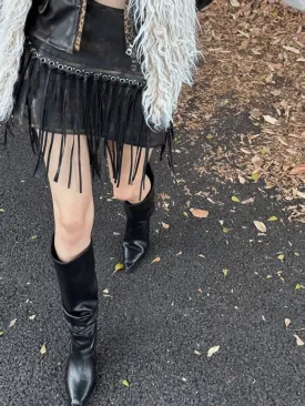 Punk Rivet Fringe Slit Leather Mini Skirt【s0000004170】