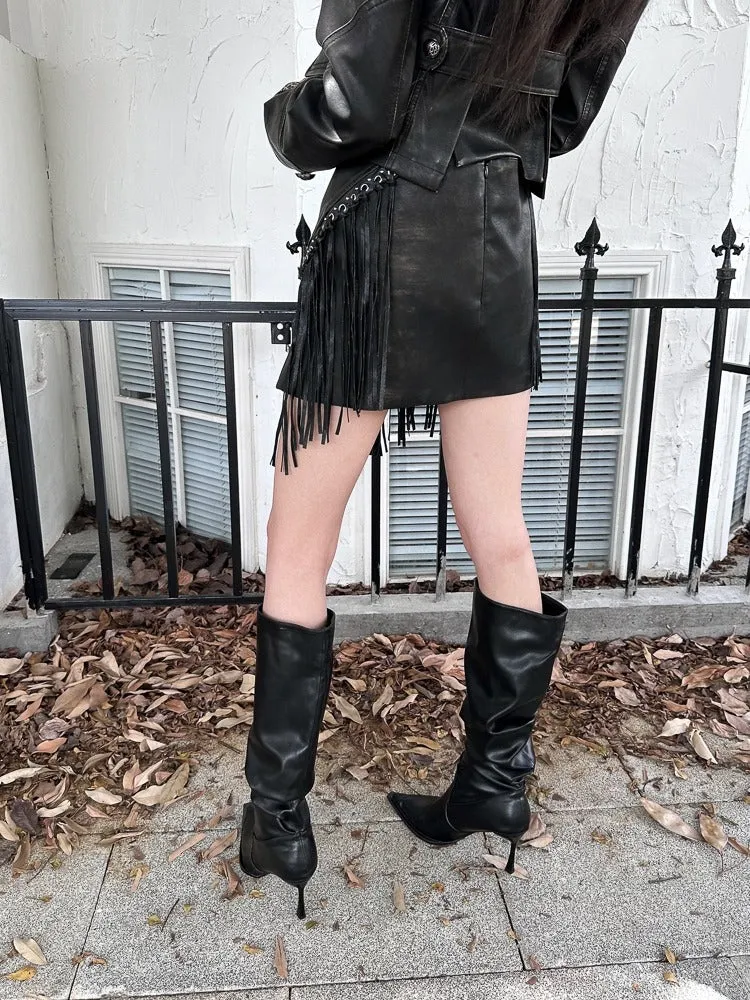 Punk Rivet Fringe Slit Leather Mini Skirt【s0000004170】