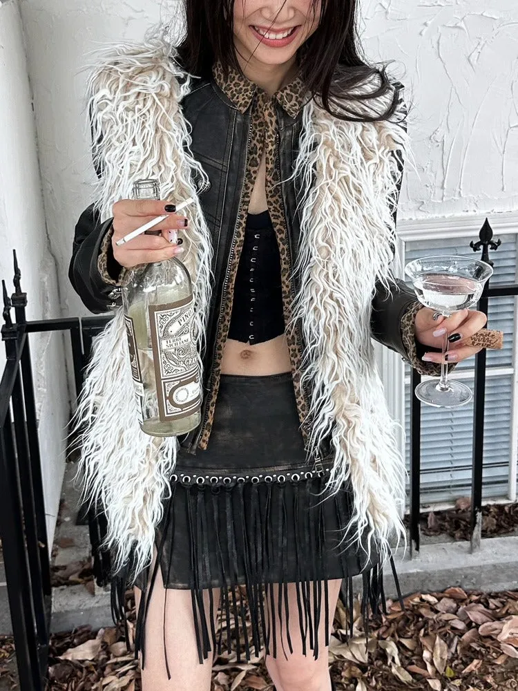 Punk Rivet Fringe Slit Leather Mini Skirt【s0000004170】