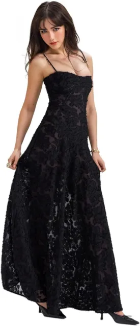 RARITYUS Womens Elegant Floral Lace Wedding Guest Dress Sleeveless Spaghetti Strap Maxi Dress Lace-up Cocktail Party Dress