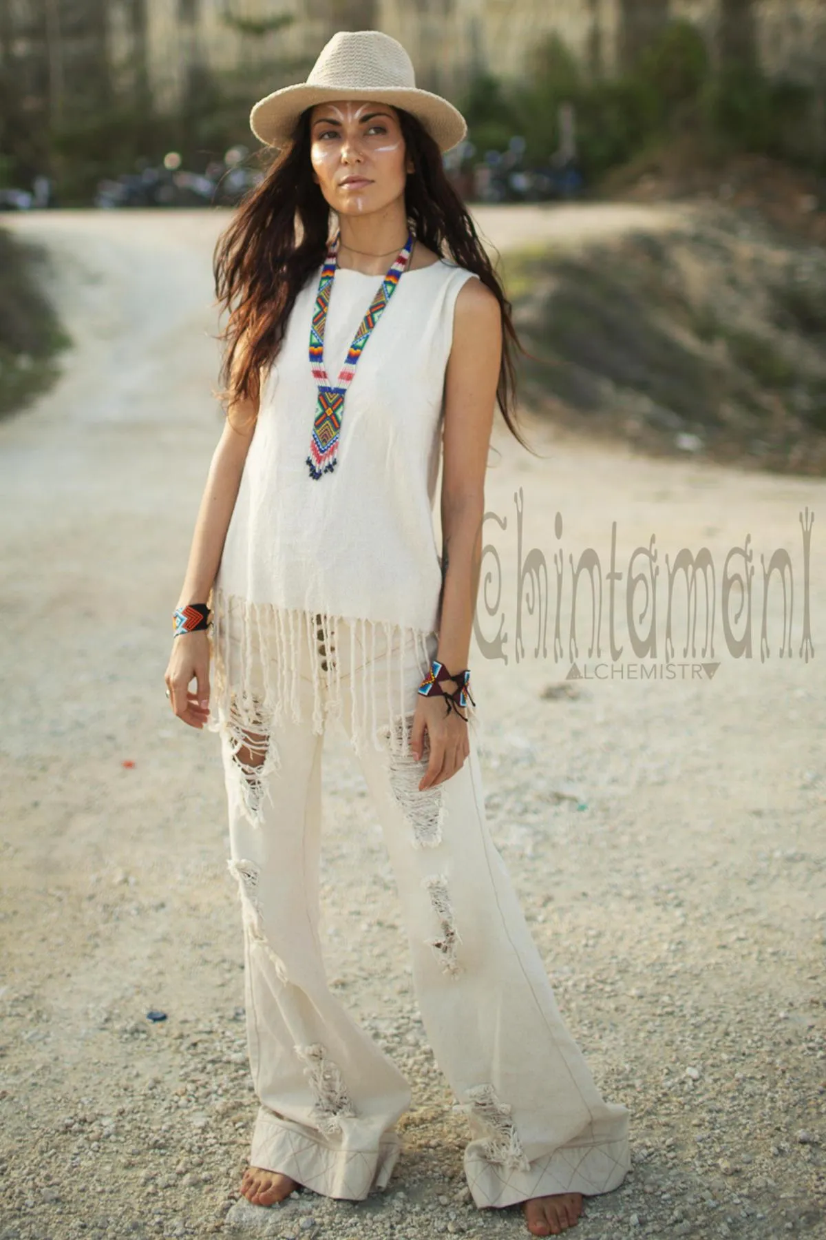 Raw Cotton Fringe Tank Top / Hand Processed Organic Eco Top / Off White