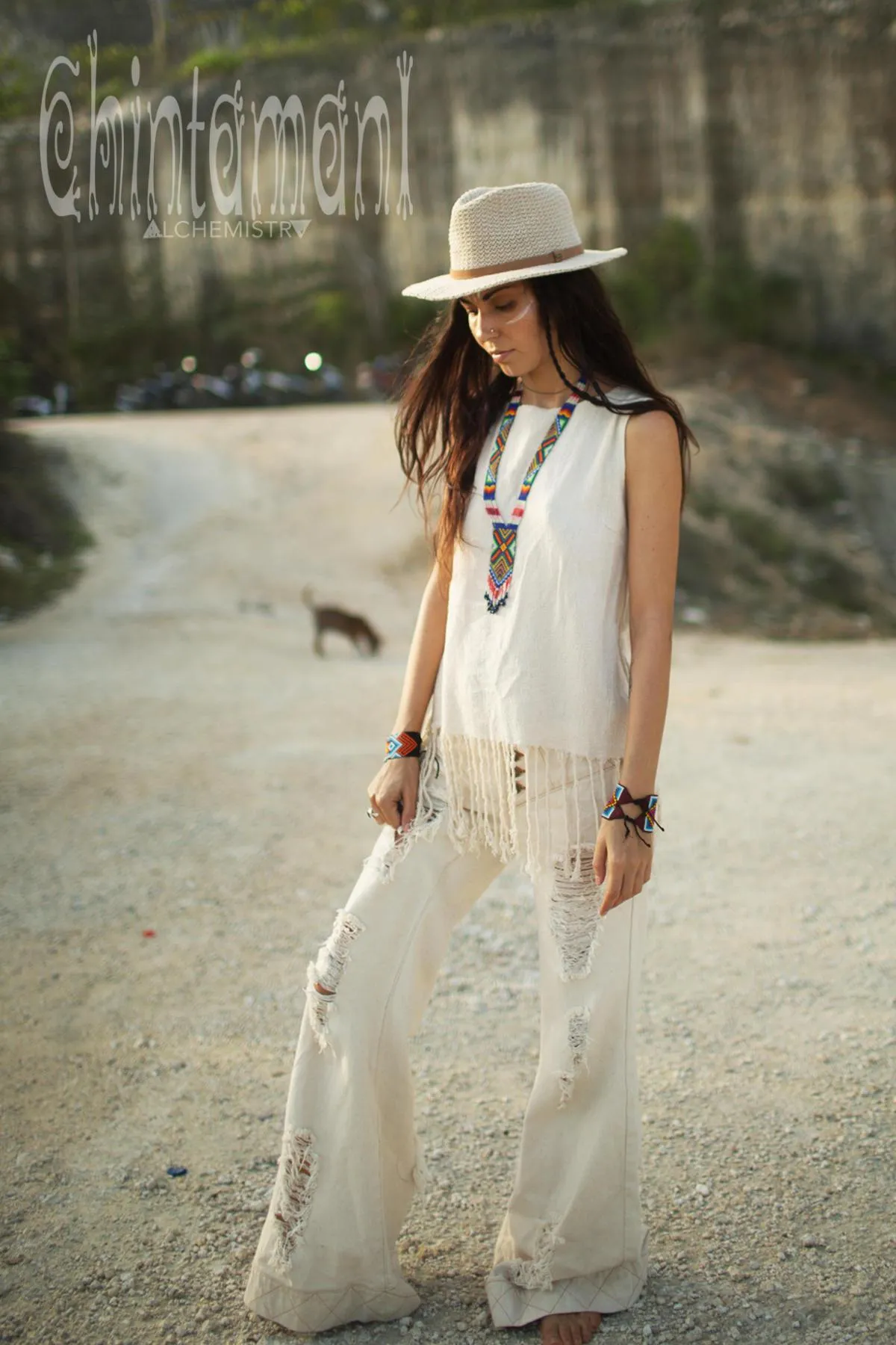 Raw Cotton Fringe Tank Top / Hand Processed Organic Eco Top / Off White
