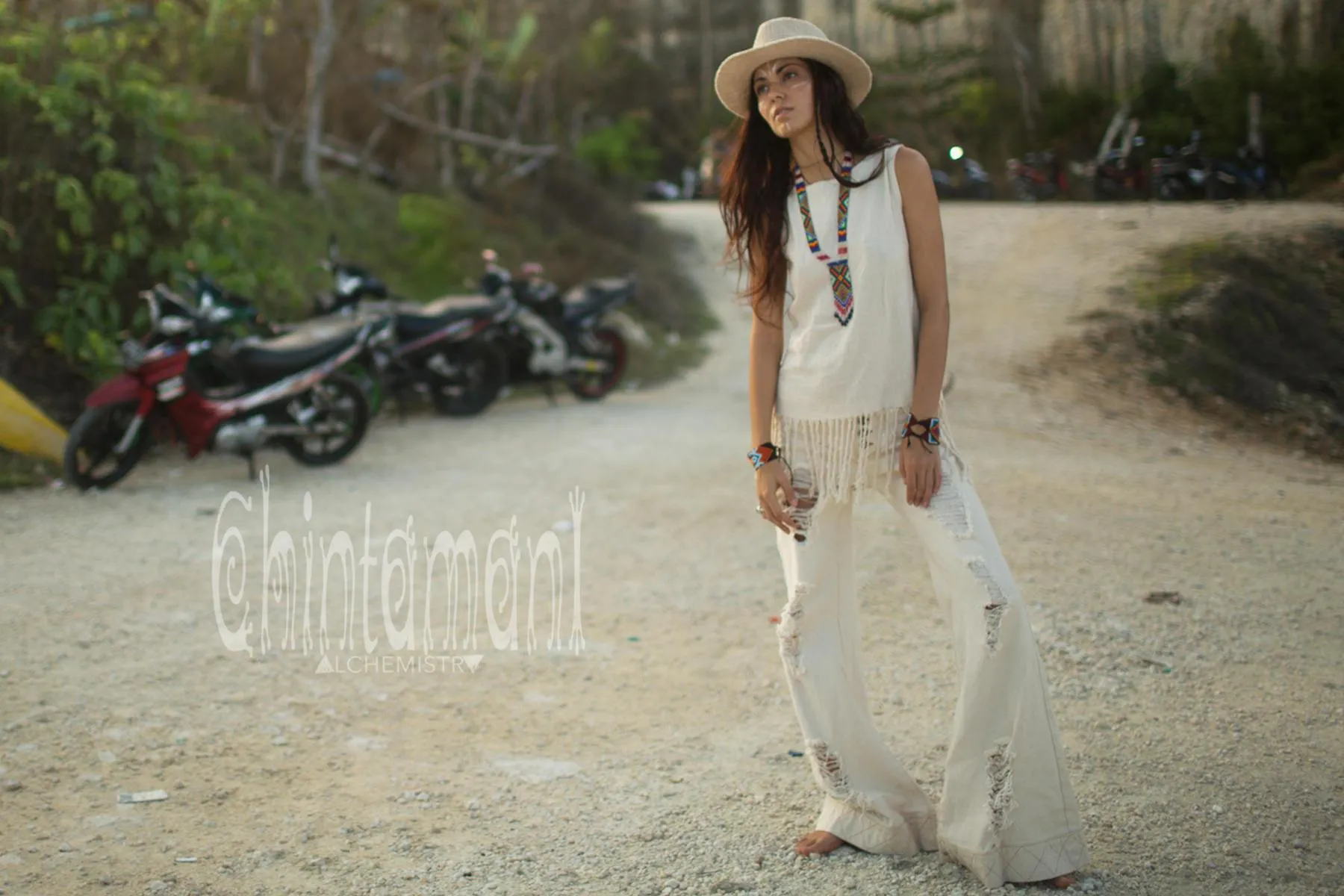 Raw Cotton Fringe Tank Top / Hand Processed Organic Eco Top / Off White