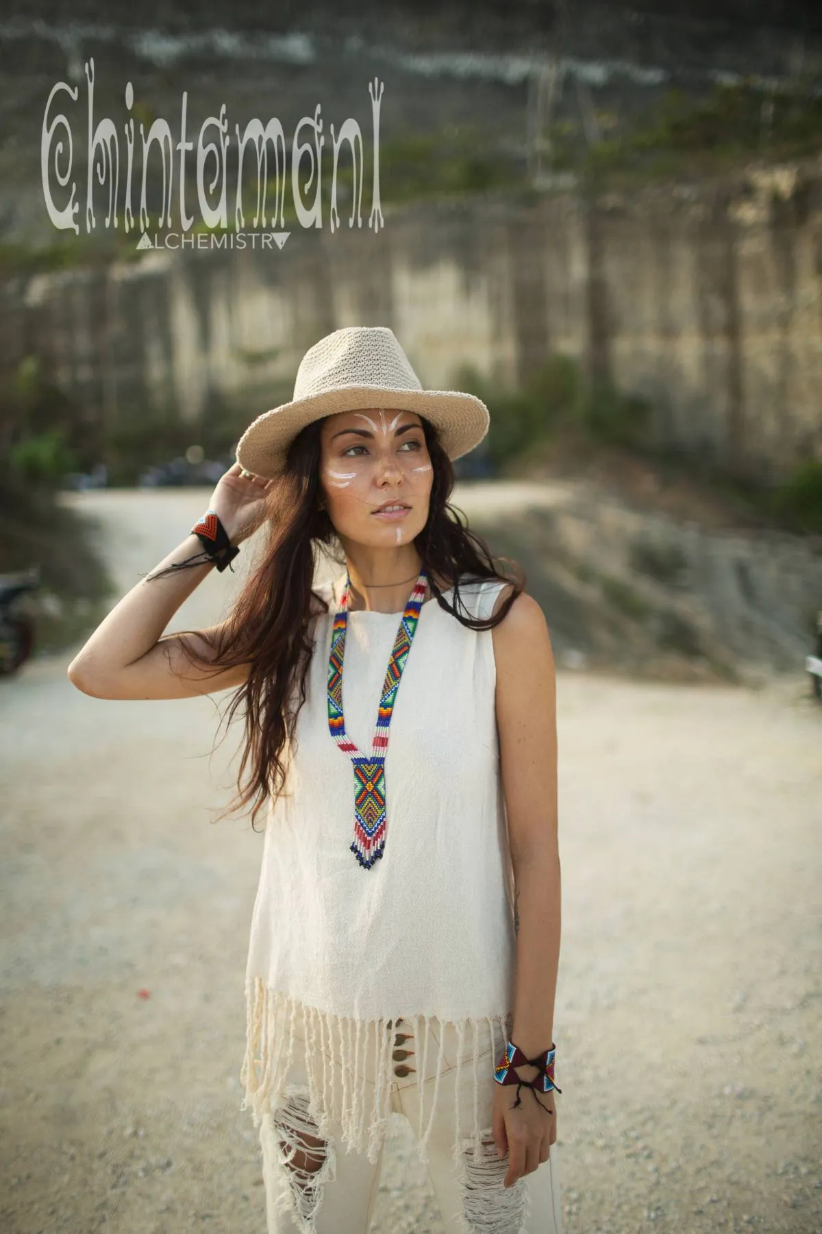 Raw Cotton Fringe Tank Top / Hand Processed Organic Eco Top / Off White