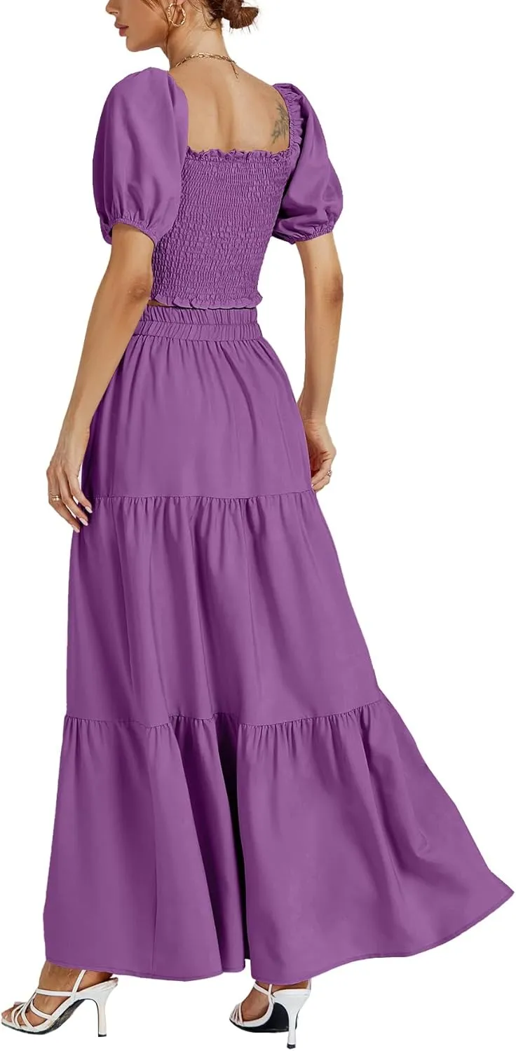 Rooscier Women's 2 Piece Outfit Shirred Short Sleeve Crop Top A Line Beach Maxi Skirt Set