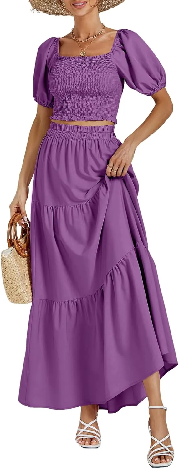 Rooscier Women's 2 Piece Outfit Shirred Short Sleeve Crop Top A Line Beach Maxi Skirt Set
