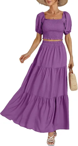 Rooscier Women's 2 Piece Outfit Shirred Short Sleeve Crop Top A Line Beach Maxi Skirt Set