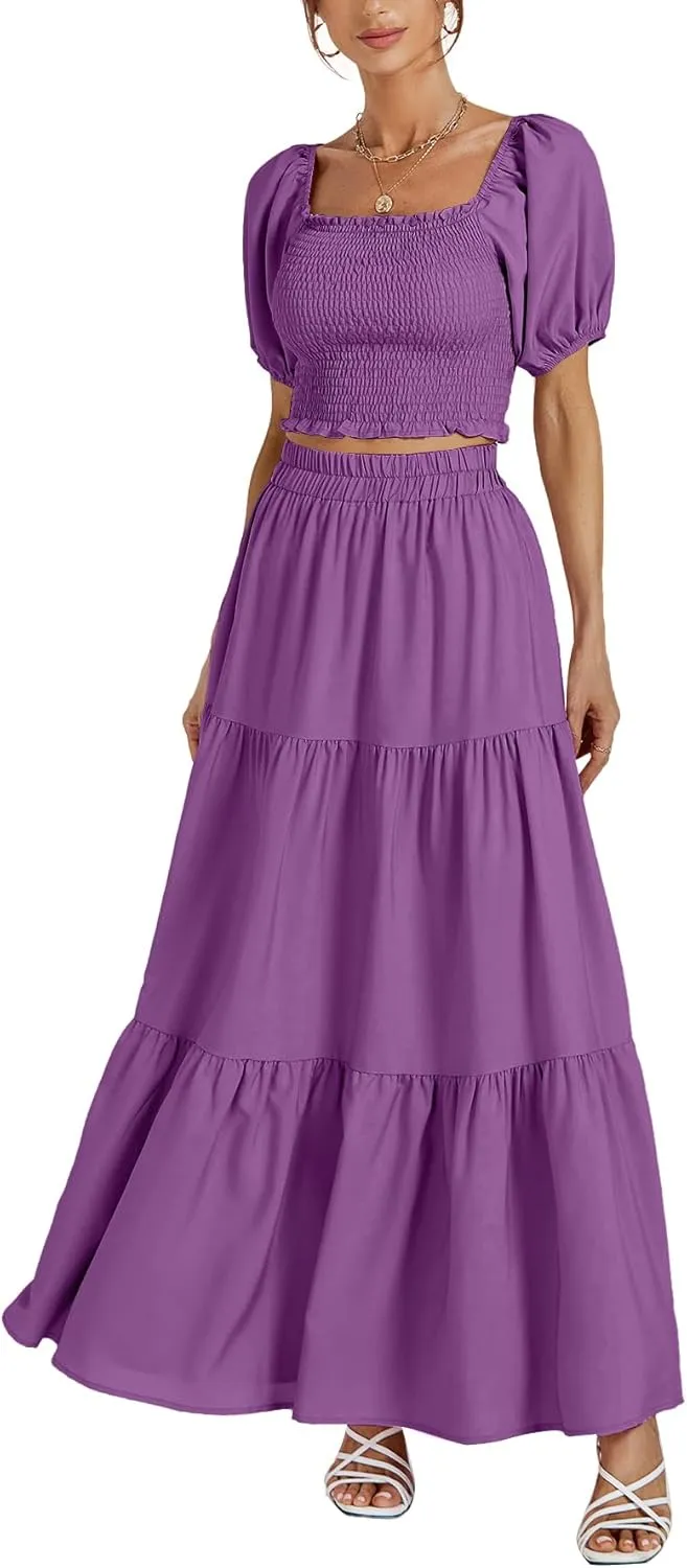 Rooscier Women's 2 Piece Outfit Shirred Short Sleeve Crop Top A Line Beach Maxi Skirt Set