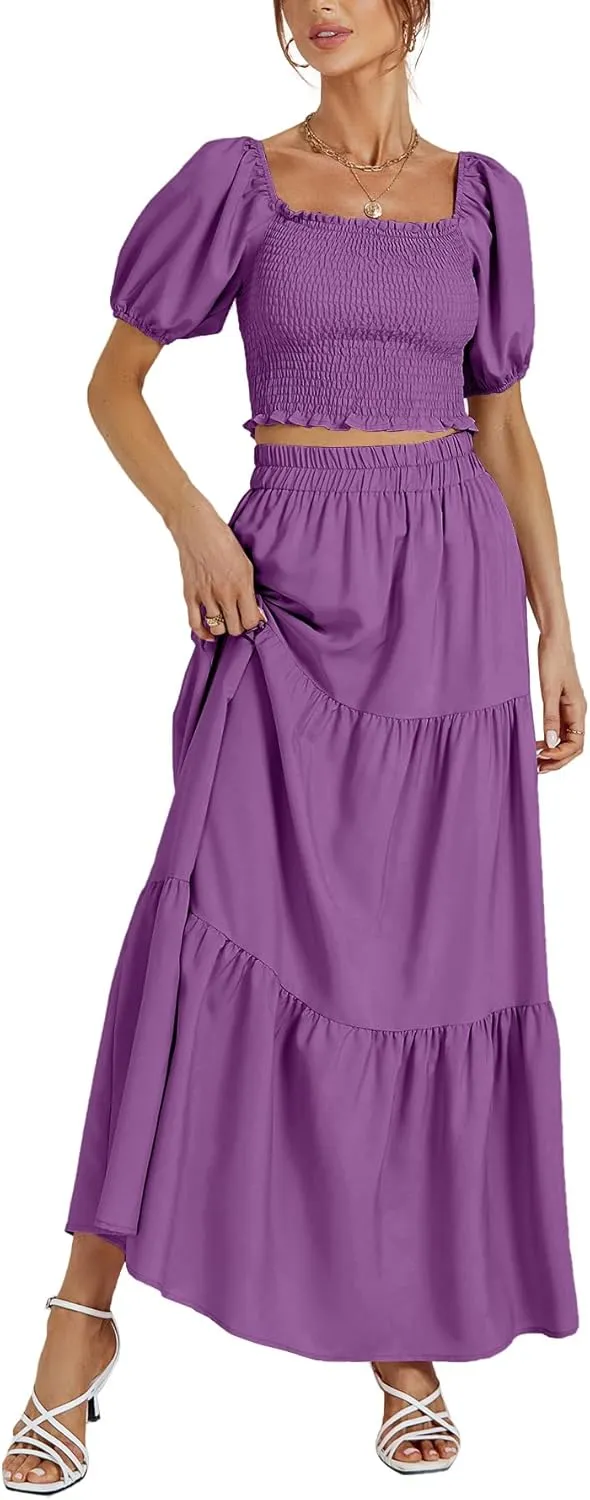 Rooscier Women's 2 Piece Outfit Shirred Short Sleeve Crop Top A Line Beach Maxi Skirt Set