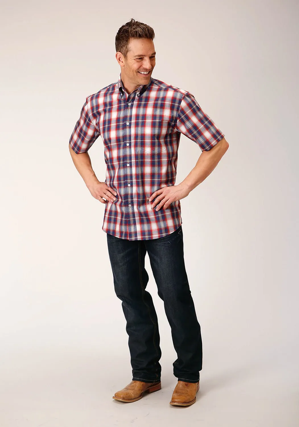 Roper Mens 1553 Independence Plaid Blue 100% Cotton 1 Pkt S/S Shirt