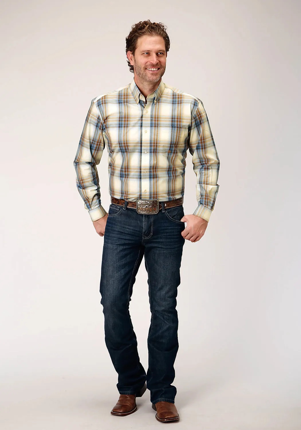 Roper Mens Desert Plaid Brown 100% Cotton L/S Shirt