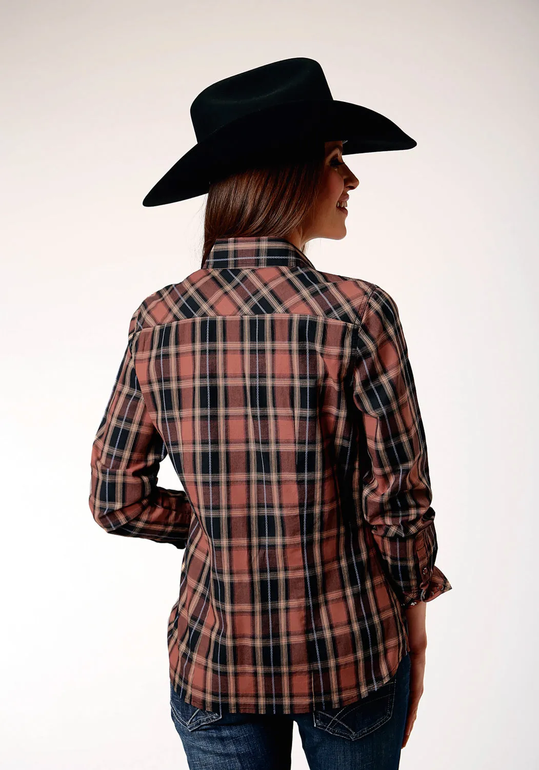 Roper Womens Arrow Dobby Plaid Brown 100% Cotton L/S Shirt