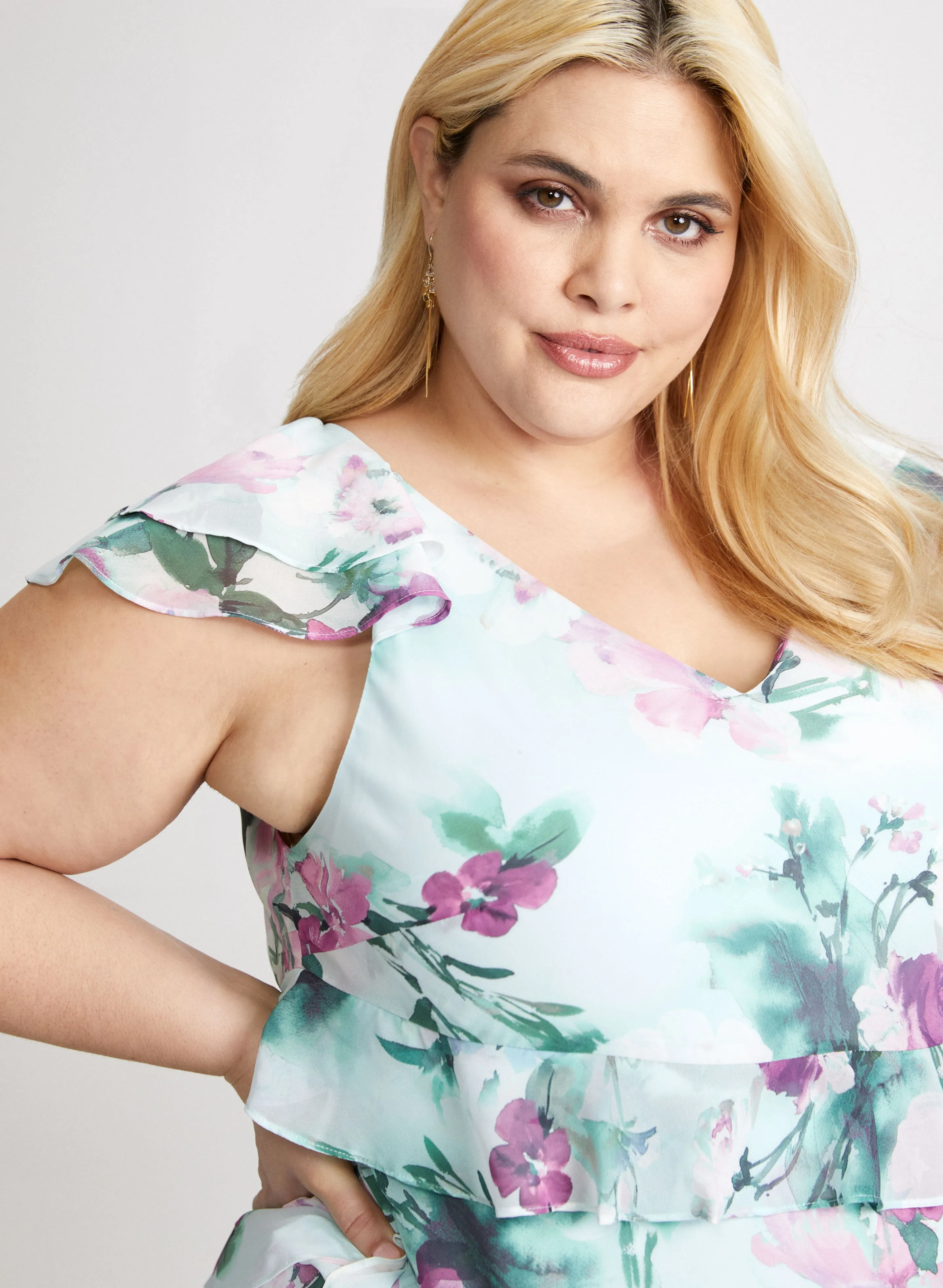 Ruffled Chiffon V-Neck Dress
