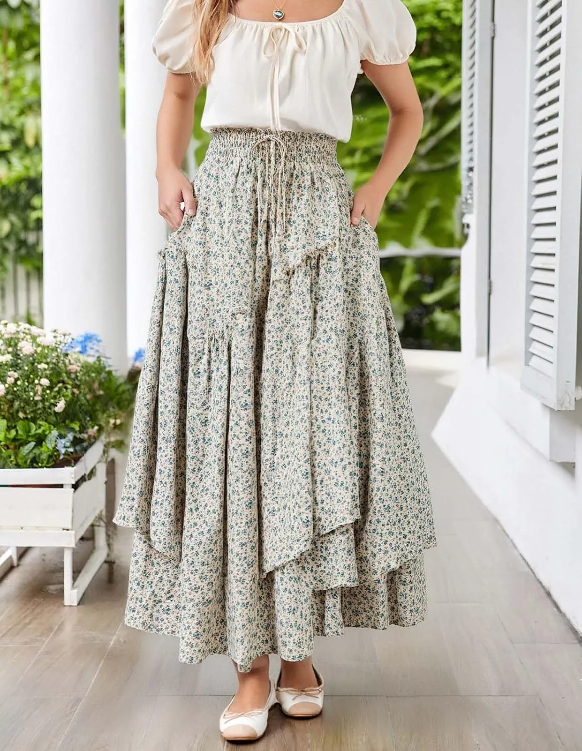 Scarlet Darkness Women Floral Print Boho Skirt Elastic High Waist Long Maxi Skirts with Pockets