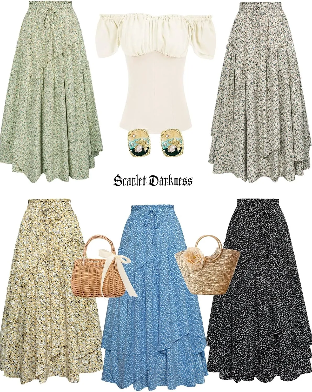 Scarlet Darkness Women Floral Print Boho Skirt Elastic High Waist Long Maxi Skirts with Pockets