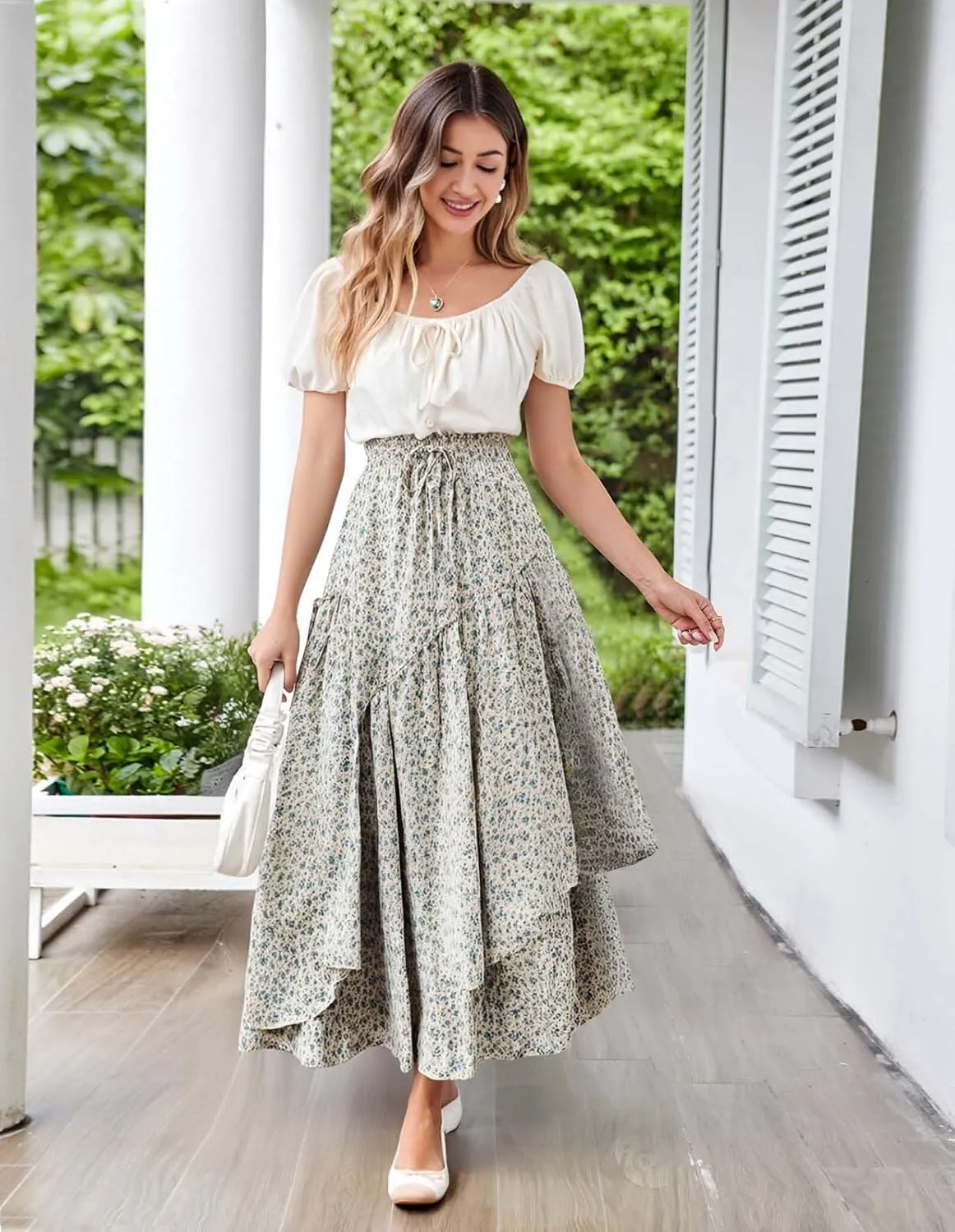 Scarlet Darkness Women Floral Print Boho Skirt Elastic High Waist Long Maxi Skirts with Pockets
