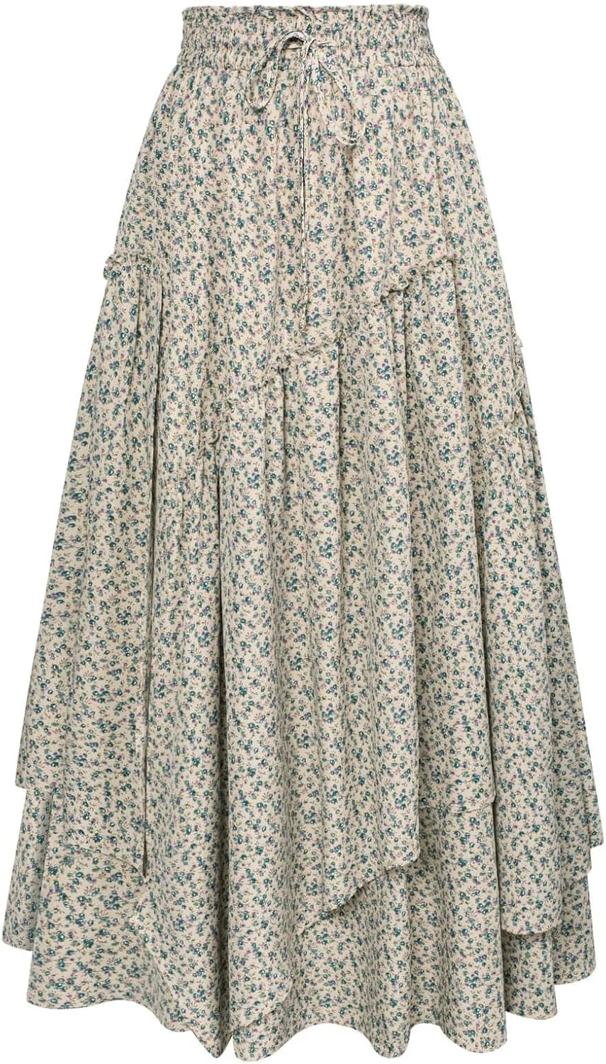 Scarlet Darkness Women Floral Print Boho Skirt Elastic High Waist Long Maxi Skirts with Pockets