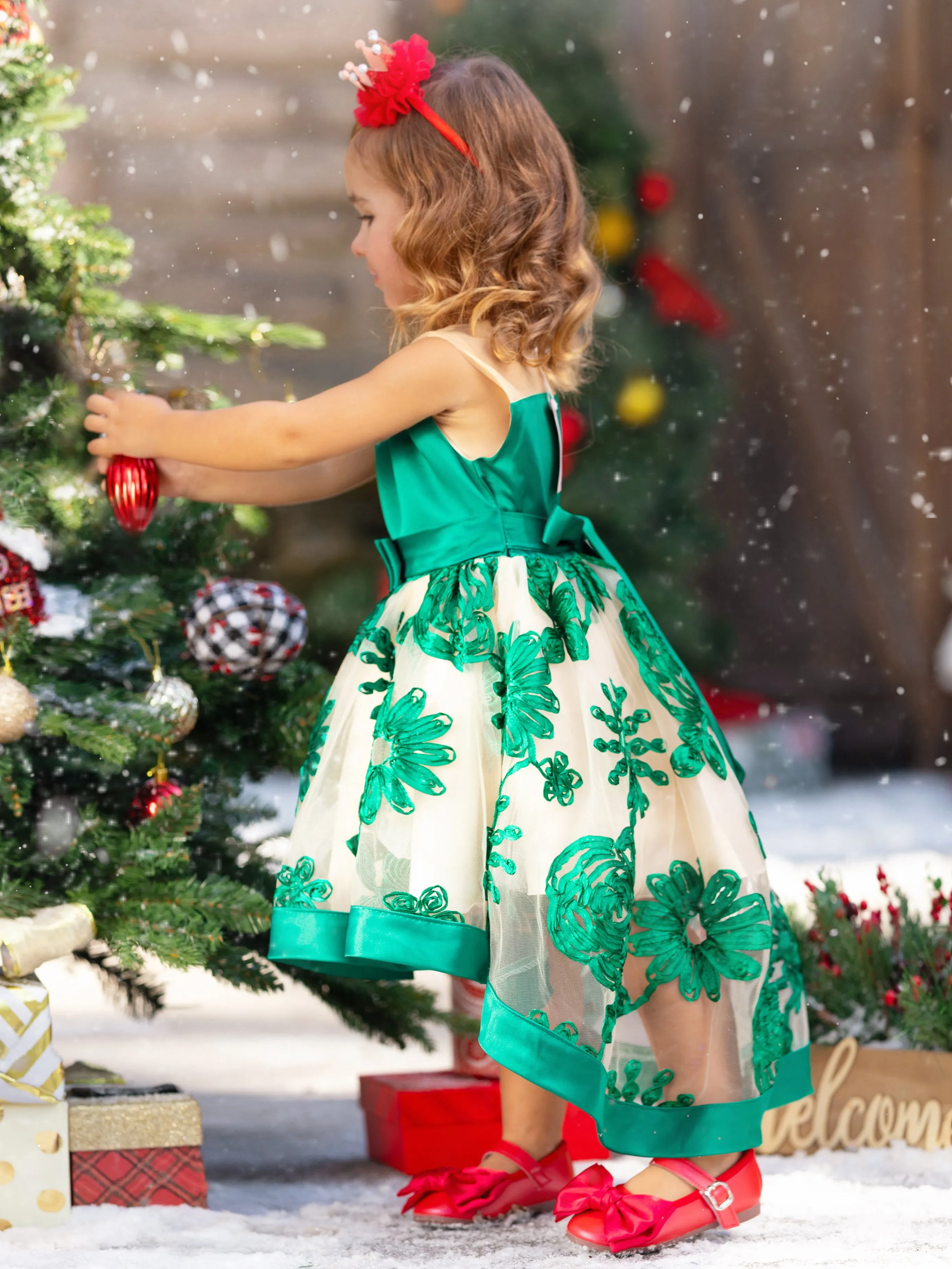 Sheer Collar Green Embroidered Hi-Lo Dress