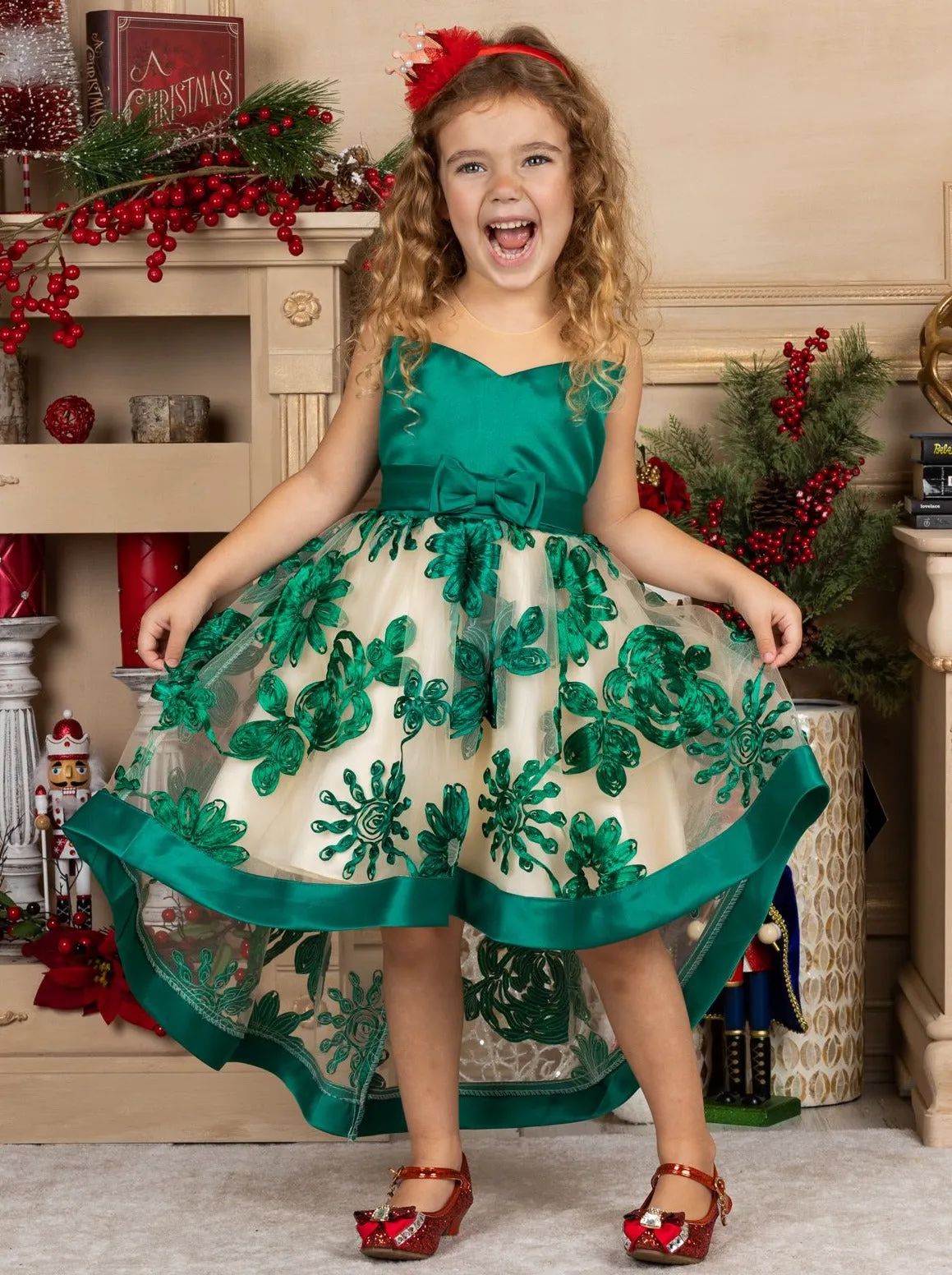 Sheer Collar Green Embroidered Hi-Lo Dress