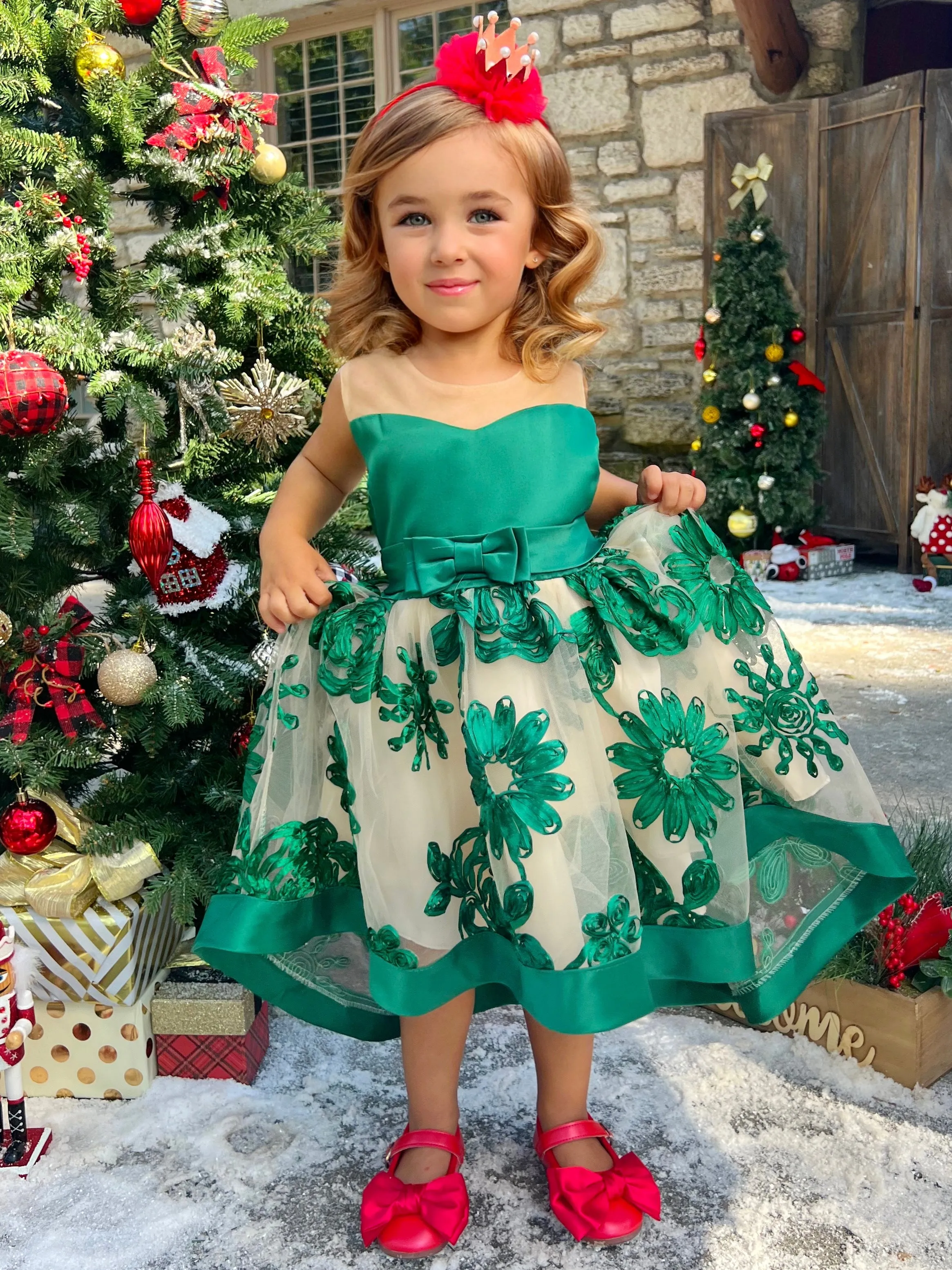 Sheer Collar Green Embroidered Hi-Lo Dress
