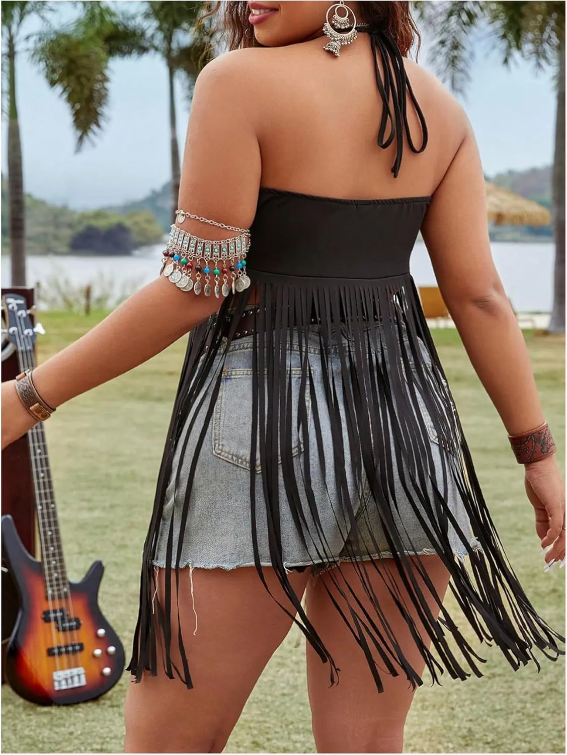 SHENHE Women's Plus Size Fringe Tops Sexy Halter Neck Backless Boho Tassel Cropped Going Out Top