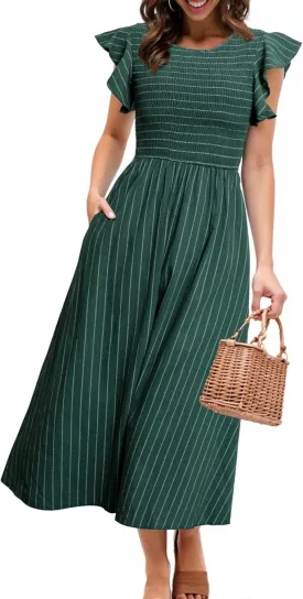 Simplee Womens Striped Midi Summer Dress Smocked Flutter Short Sleeve Dress 2025 Flowy Casual Dress with Pockets