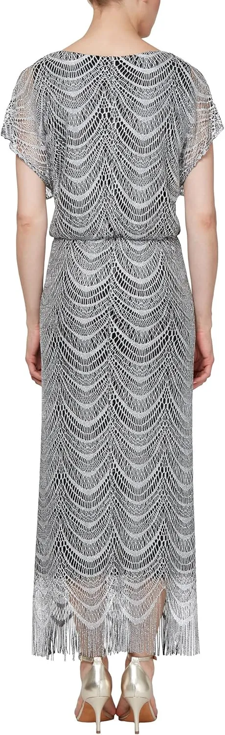 S.L. Fashions Women's Metallic Crochet Dress with Fringe Hemline
