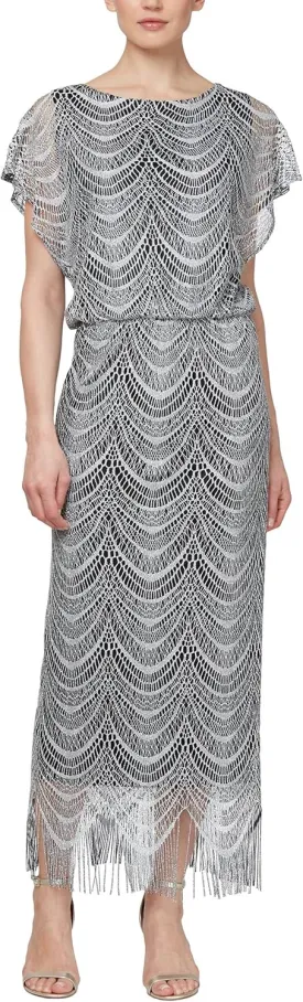 S.L. Fashions Women's Metallic Crochet Dress with Fringe Hemline