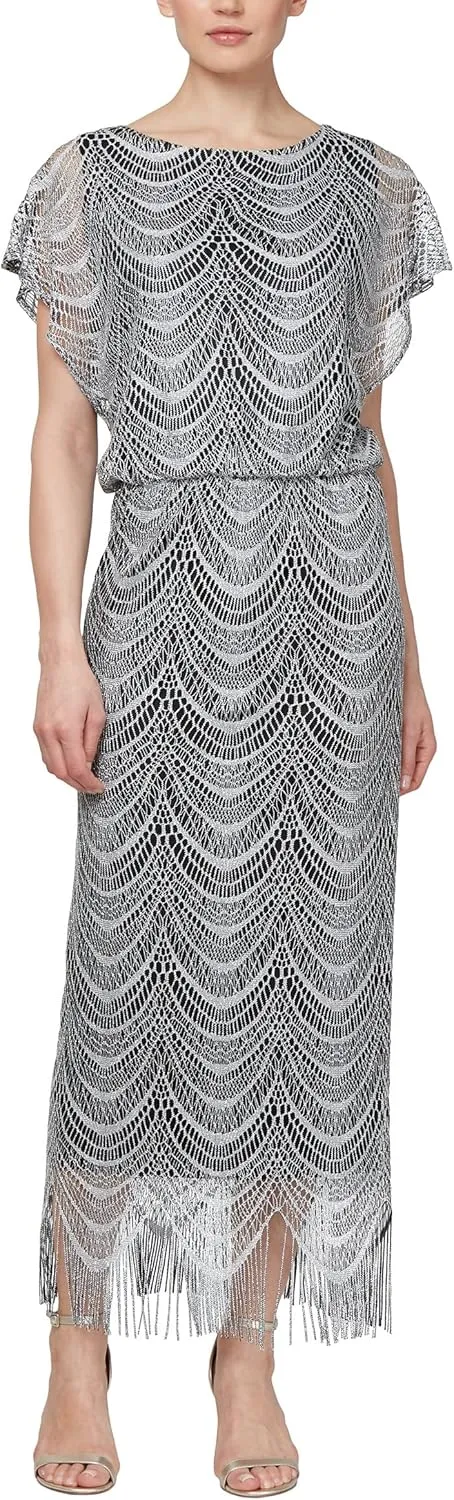 S.L. Fashions Women's Metallic Crochet Dress with Fringe Hemline